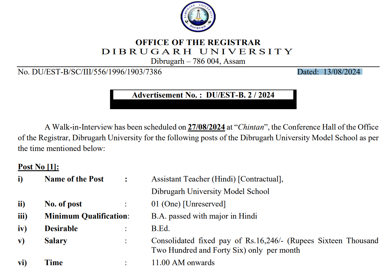 Dibrugarh University, Assam Wanted Assistant Teacher